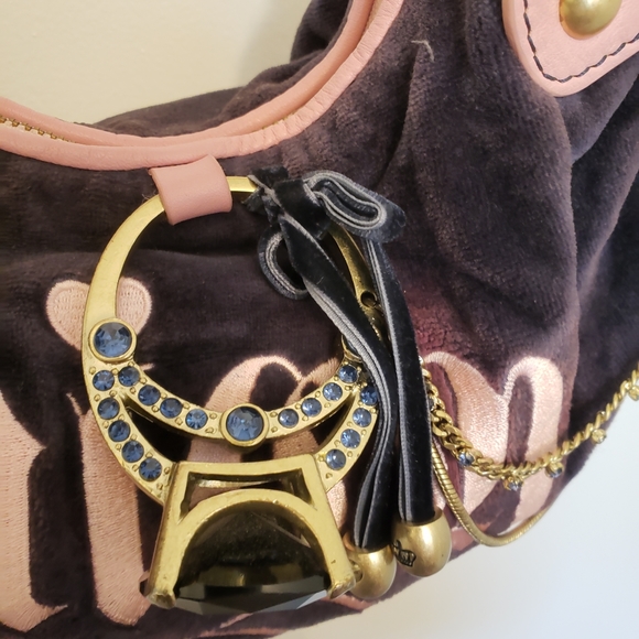 Juicy Couture Rock Ring and Jewel Embellished Embroidered Violet Velour Hobo Bag - Picture 3 of 10